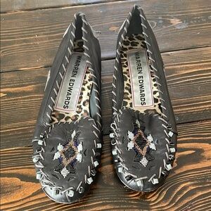 Warren Edwards Southwestern Vibe Black Embroidered Leather Flat Beaded Loafers